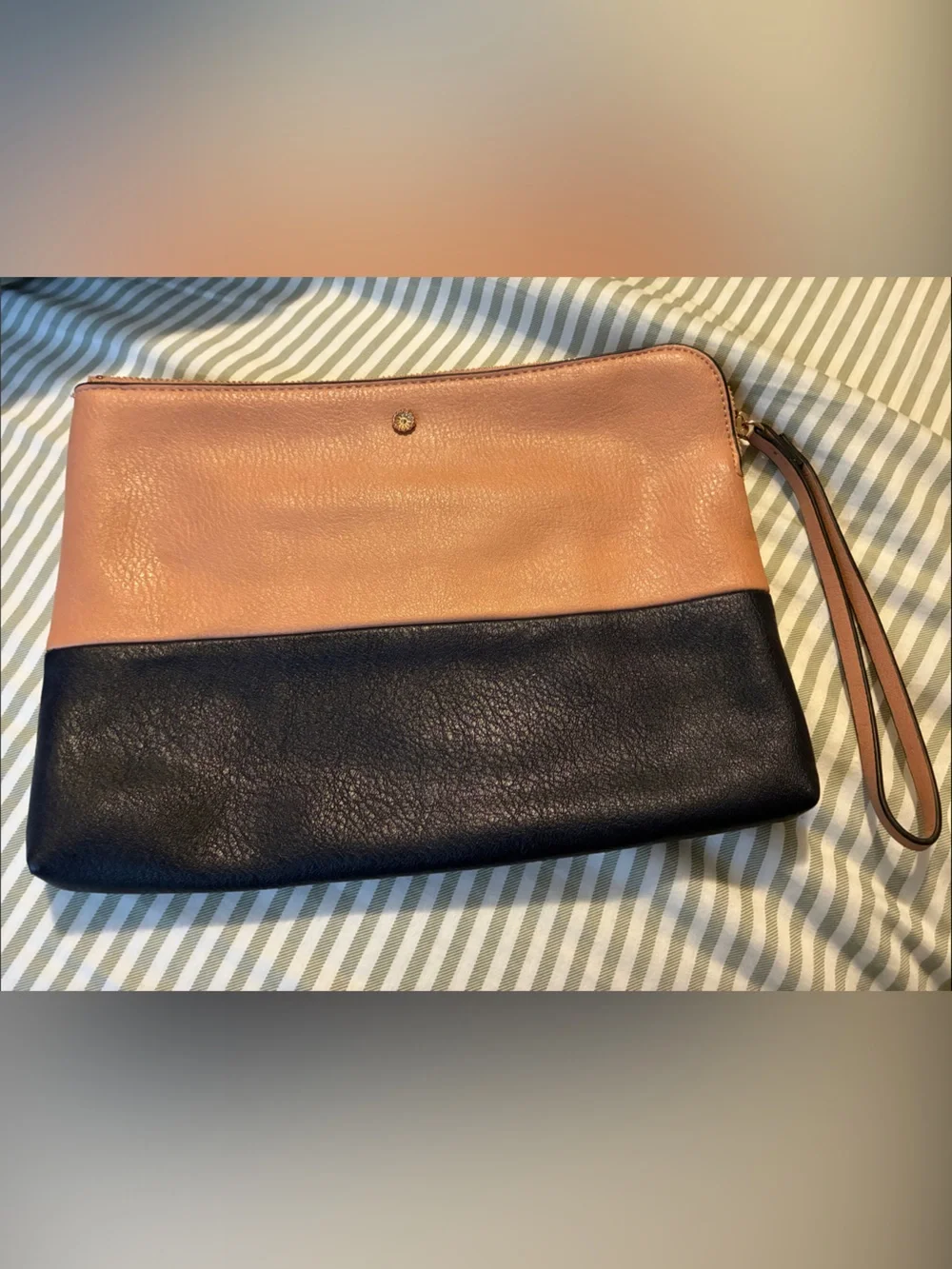 Two-Tone Navy and Pink Leather Wristlet Clutch